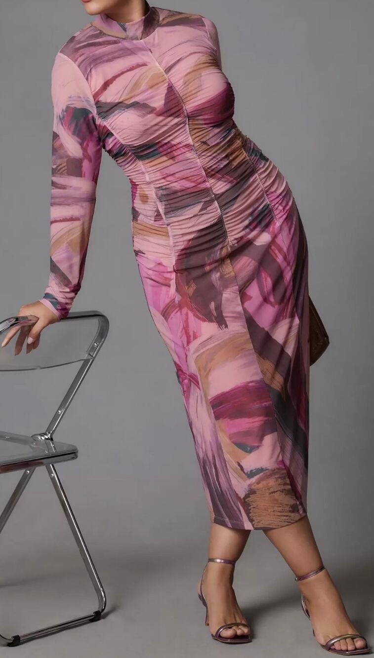 BY ANTHROPOLOGIE Long-Sleeve Printed Mesh Midi Dress